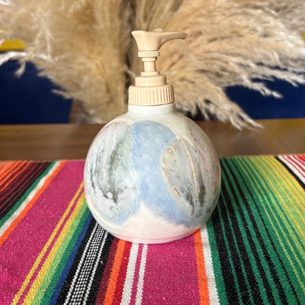 Handmade Studio Pottery Soap Dispenser Set Drip Glaze Stoneware Boho Decor 2pc